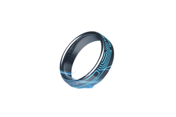 Close up of a clear glass ring with blue fingerprint pattern isolated on transparent background