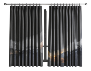 Elegant dark grey curtains drawn open to reveal a window with subtle light