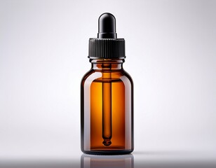 a glass amber dropper bottle with black lid on an isolated background