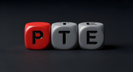 Three dice spelling pte with a red die for the letter p and gray dice for the letters t and e on a dark background perfect for educational materials and language learning resources and study guides