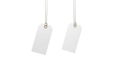 Two blank white price tags or gift tags hanging by strings, isolated on transparent background, ready for customization
