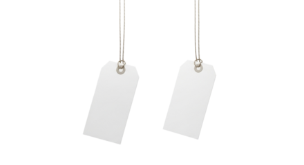 Two blank white price tags or gift tags hanging by strings, isolated on transparent background, ready for customization