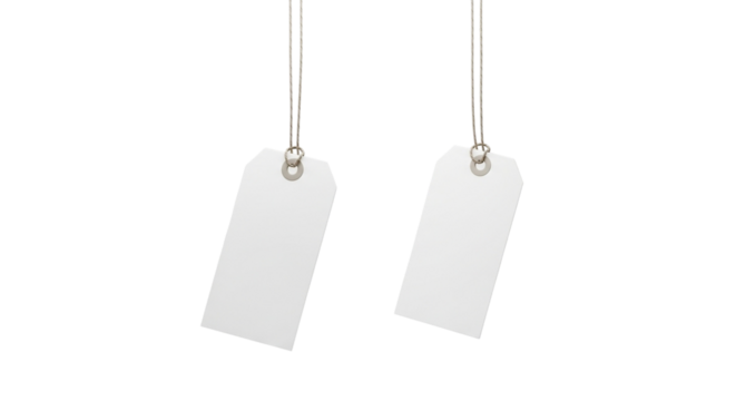 Two blank white price tags or gift tags hanging by strings, isolated on transparent background, ready for customization