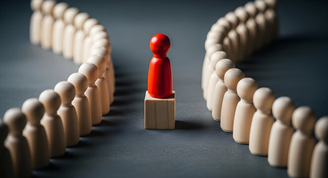 Red wooden figure stands out among rows of similar figures symbolizing leadership individuality and standing out from the crowd in a unique and powerful way on a dark surface