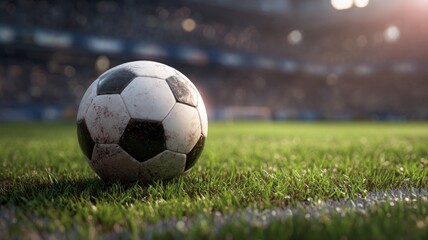 Soccer ball on green field under stadium lights. Artificial intelligence image