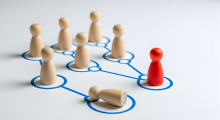 Wooden figures connected by blue lines one red figure stands apart while another lies fallen symbolizing leadership connection and challenges in a network or team dynamic