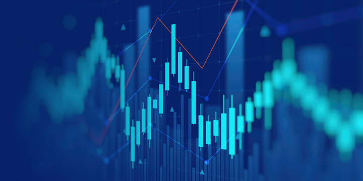 financial chart with uptrend line candlestick graph in stock market on blue color monitor background