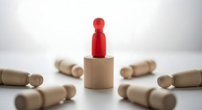 Red wooden figure stands tall on a pedestal surrounded by fallen figures symbolizing leadership success and competition in business or sports conveying a message of victory and strategy