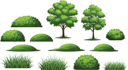 Green vegetation illustration, leafy trees, decorative bushes, grass patches, natural plants, landscape design, botanical artwork, vibrant foliage, environmental nature elements © MDAMIRHAMJA