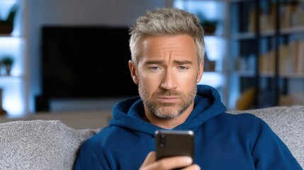 A contemplative man in a blue hoodie gazes at his smartphone in a modern living room, creating a relaxed and introspective atmosphere.