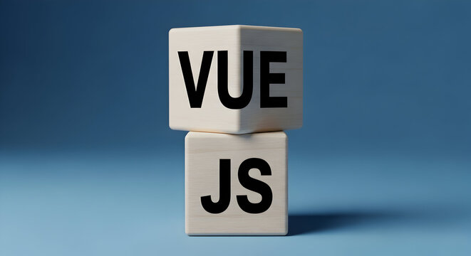 Vue js framework concept displayed on wooden blocks stacked against a blue background showcasing web development technology and modern javascript library for front end development