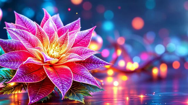 Vibrant poinsettia flower glowing with festive holiday lights reflecting on a wet surface