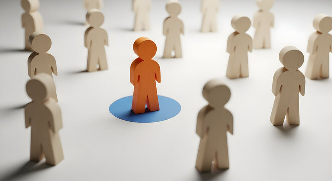 Orange wooden figure stands out among a group of beige figures symbolizing leadership individuality and unique talent in a team or organization highlighting the concept of standing out