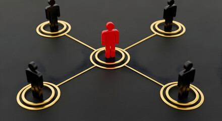 Network connection concept showing a red figure connected to black figures with golden circles and lines on a dark background representing leadership teamwork and business connections