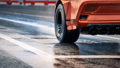 race car tire on wet track during a rainy motorsport event at the circuit
