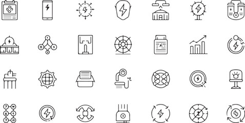Collection of line art electricity and energy related icons symbols