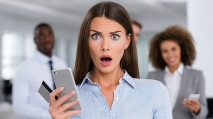A shocked woman with long hair holds a smartphone in a contemporary office setting, conveying surprise and concern amidst colleagues in the background.