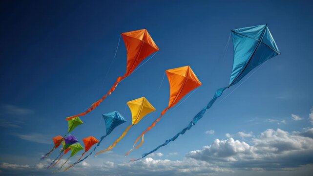 Colorful kites soar in a vibrant blue sky