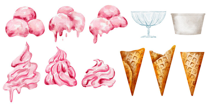 Watercolor ice cream constructor set with pink fruity raspberry scoops in a cute isolated illustration for summer.