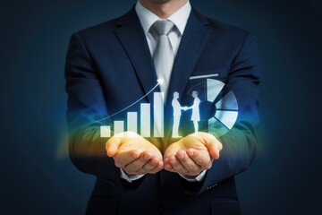 Businessman visualizing business success with a holographic projection of growth charts and a partnership handshake