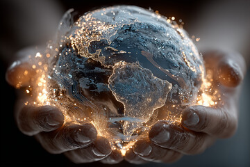 3D holographic Earth floating above two open human hands, digital circuits and data streams wrapping the globe, luminous particles, global AI network theme, cinematic lighting