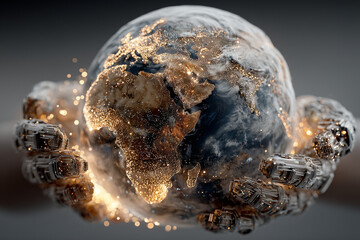 3D holographic Earth floating above two open human hands, digital circuits and data streams wrapping the globe, luminous particles, global AI network theme, cinematic lighting