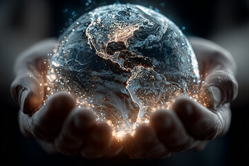 3D holographic Earth floating above two open human hands, digital circuits and data streams wrapping the globe, luminous particles, global AI network theme, cinematic lighting