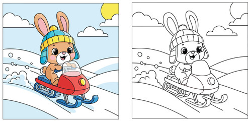 Coloring book page for kids with cute cartoon rabbit riding a snowmobile. Winter sport activity vector illustration. Color reference and black and white outline.