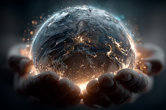 3D holographic Earth floating above two open human hands, digital circuits and data streams wrapping the globe, luminous particles, global AI network theme, cinematic lighting