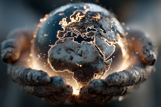 3D holographic Earth floating above two open human hands, digital circuits and data streams wrapping the globe, luminous particles, global AI network theme, cinematic lighting