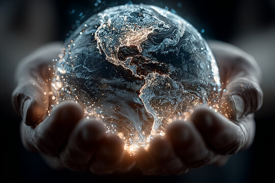 3D holographic Earth floating above two open human hands, digital circuits and data streams wrapping the globe, luminous particles, global AI network theme, cinematic lighting - Powered by Adobe