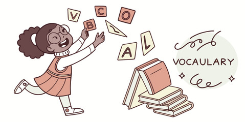 Enthusiastic learner exploring vocabulary with books and alphabet letters, perfect for educational materials and promoting early childhood development