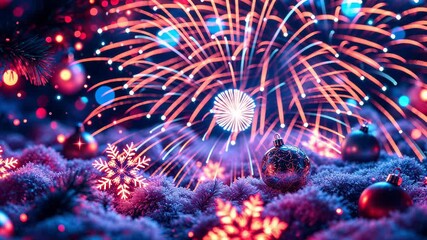 Vivid neon color fireworks exploding over a landscape of Christmas ornaments, pine branches, and glowing snowflakes