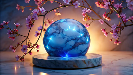 Blue crystal ballle pedestal with cherry blossoms in the background