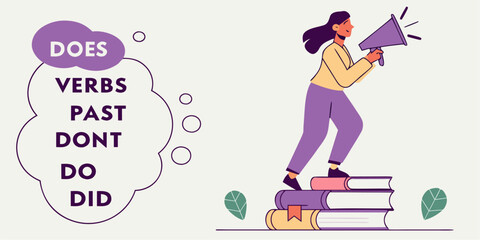 Empowered learner sharing knowledge, stepping up on books with megaphone, teaching verbs, perfect for education, language learning, and grammar concepts