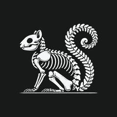 Stylized white squirrel skeleton illustration on a solid black background.