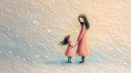Winterillustration von Mutter und Kind in Pastelltönen