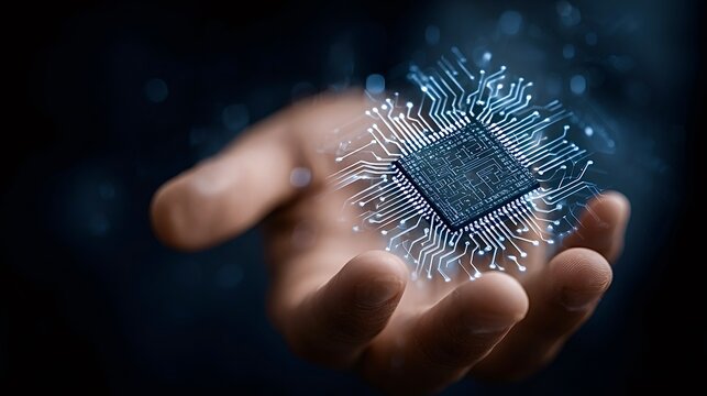 Human hand holding glowing microchip representing artificial intelligence
