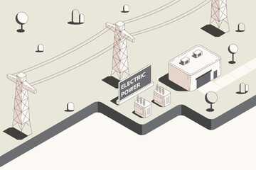 Electric Power, Smart Electric Grid, High-Voltage Power Network in isometric graphic