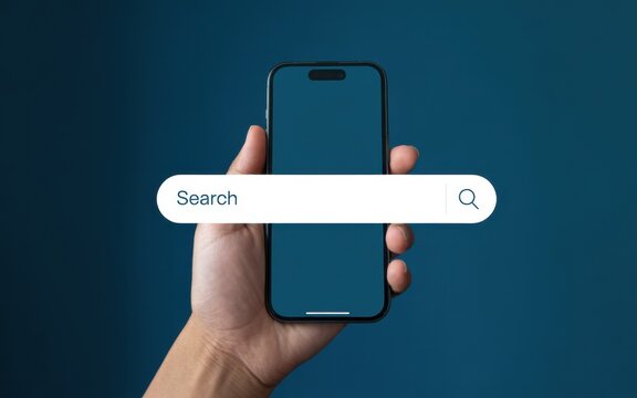 A hand holding a smartphone displaying an internet search bar for browsing and information retrieval