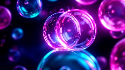 Abstract futuristic background with glowing neon colored bubbles floating on a black background - Powered by Adobe