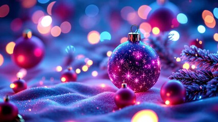 Purple Christmas bauble with sparkling stars lying in the snow with colorful neon bokeh lights - Powered by Adobe
