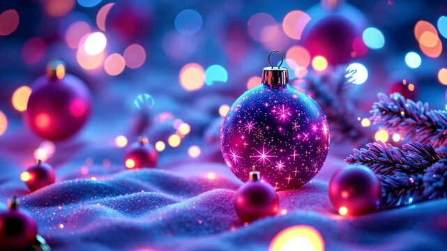 Purple Christmas bauble with sparkling stars lying in the snow with colorful neon bokeh lights