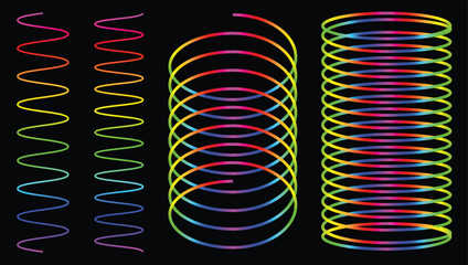 Set of Colorful Spiral and Wavy Springs in Multiple Shapes on Dark Background