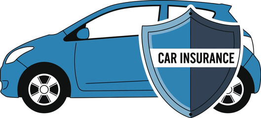Blue car protected by a shield symbolizing car insurance coverage
