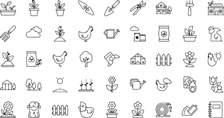 Garden and Farm Icons Collection in Black and White Outlined Style