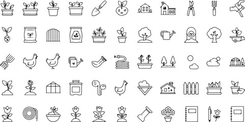 Set of Gardening and Farming Icons in Outline Style Vector Art
