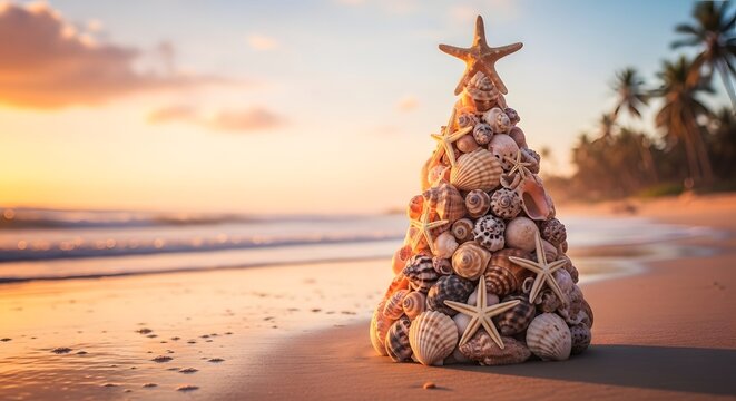 Seashell christmas tree on tropical beach at sunset