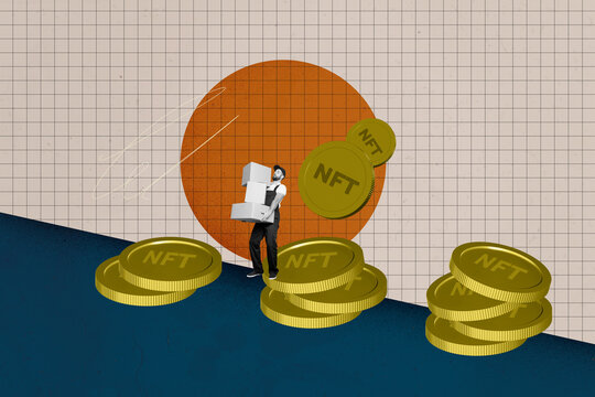 Collage depicting nft trading success and digital freelance income in a modern economic business online concept