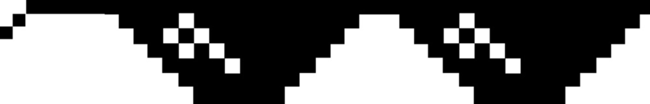 Pixel sunglasses icon, retro pixelated glasses meme and cool accessory vector illustration, black flat style design, digital 8-bit shades set on transparent background